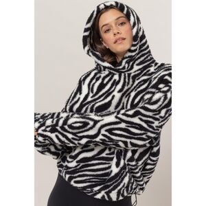 HYFVE Zebra Print Faux Fur Teddy Fleece Sherpa Kangaroo Hoodie OversizedPullover